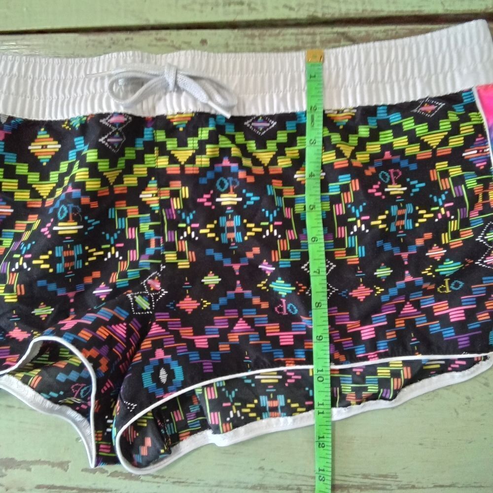 OP Black Neon Aztec Print Women’s Shorts with White Waistband - Picture 3 of 7